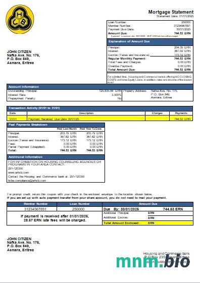 Erytrea Bank Mieszkaniowy i Handlowy wyciąg z kredytu hipotecznego szablon Word i PDF